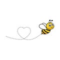 Cartoon bee icon. Heart dotted lines path. Happy lovely bee character.
